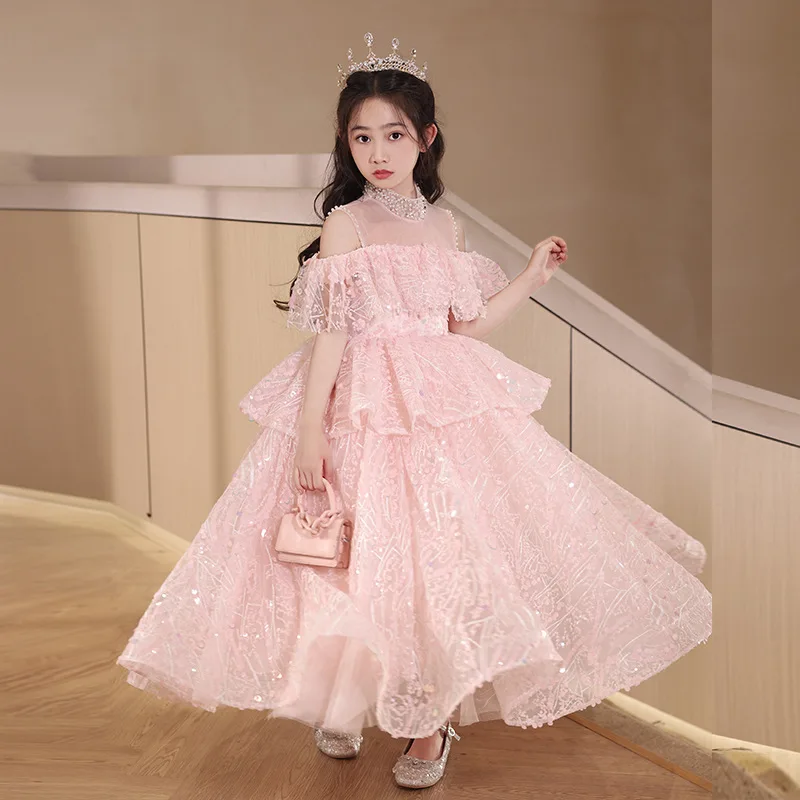 Baby Girl Pink Sequin Princess Dress Infant Toddler elegant flower girls Wedding Party Pageant Birthday Ball Gown Long dress