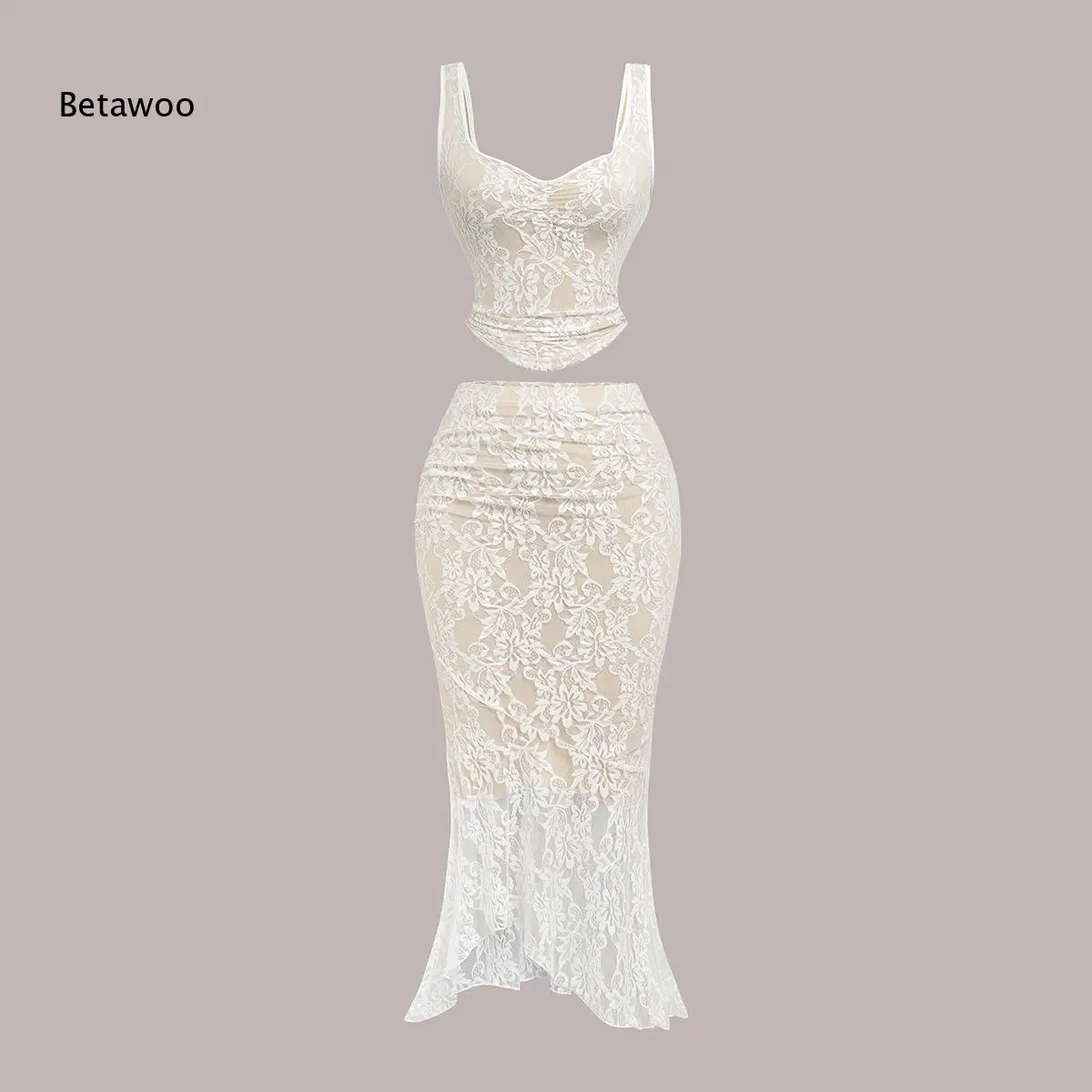 

Floral Lace 2 Piece Outfit Cami Crop Top and Mermaid Midi Skirt