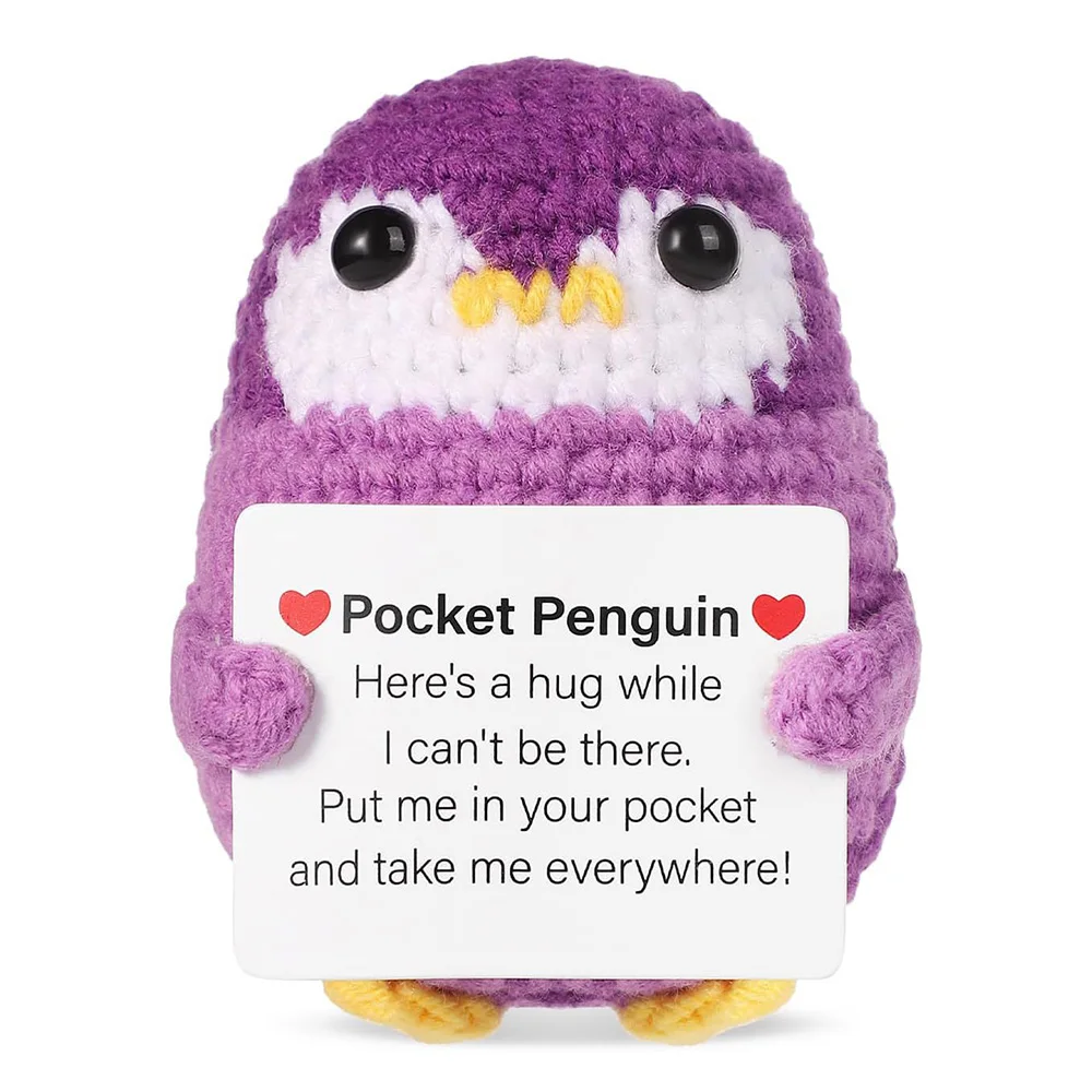 Positive Energy Penguin Hug Pocket Mini Handmade Plush Wool Knitting Doll With Card Funny Christams Gift Home Room Decoration