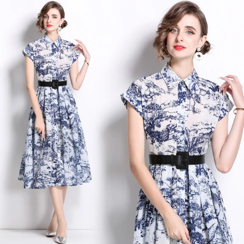 Summer 2025 Collar Printed ort Sve Midi Dr Women's Faion Thi High Waist Street Sle Couple's Dr