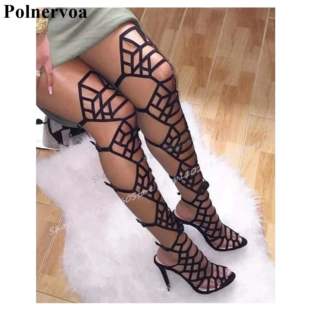 

Over The Knee Black Net Hollow Sandals Thin High Heel Shoes For Women Buckle Strap Open Toe 2025 Fashion Zapatos Para Mujere