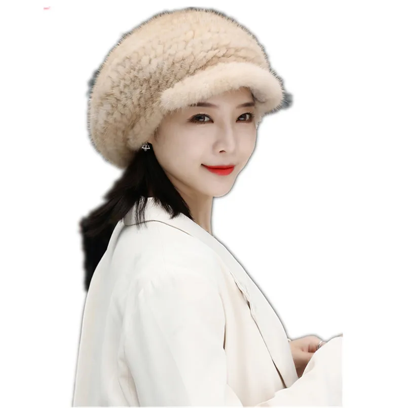 

Real Mink Fur Knitted Hat Elegant Women's Winter Caps New Fashion Thick Warm Loose Hats with Brim
