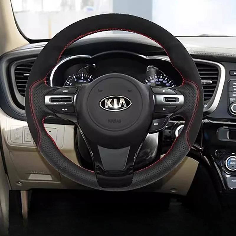 Hand-stitched Non-slip Black Genuine Leather Suede Car Steering Wheel Cover For Kia K5 Optima 2014 2015 Auto Parts