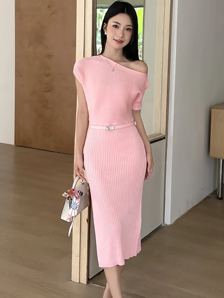 

2026 Pink Knitted Diagonal Collar Midi Dress Women Elegant Bodycon Bandage Dress Summer Korean Fashion Chic Casual Holiday Dress