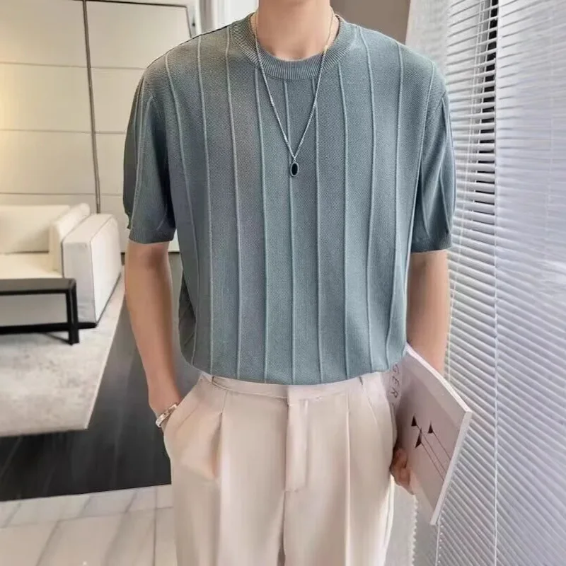 Light Mature Style Men'S Round Neck Striped Short Sleeve Knitted Shirt Men'S Summer Thin Elastic High-End-Shirt Top