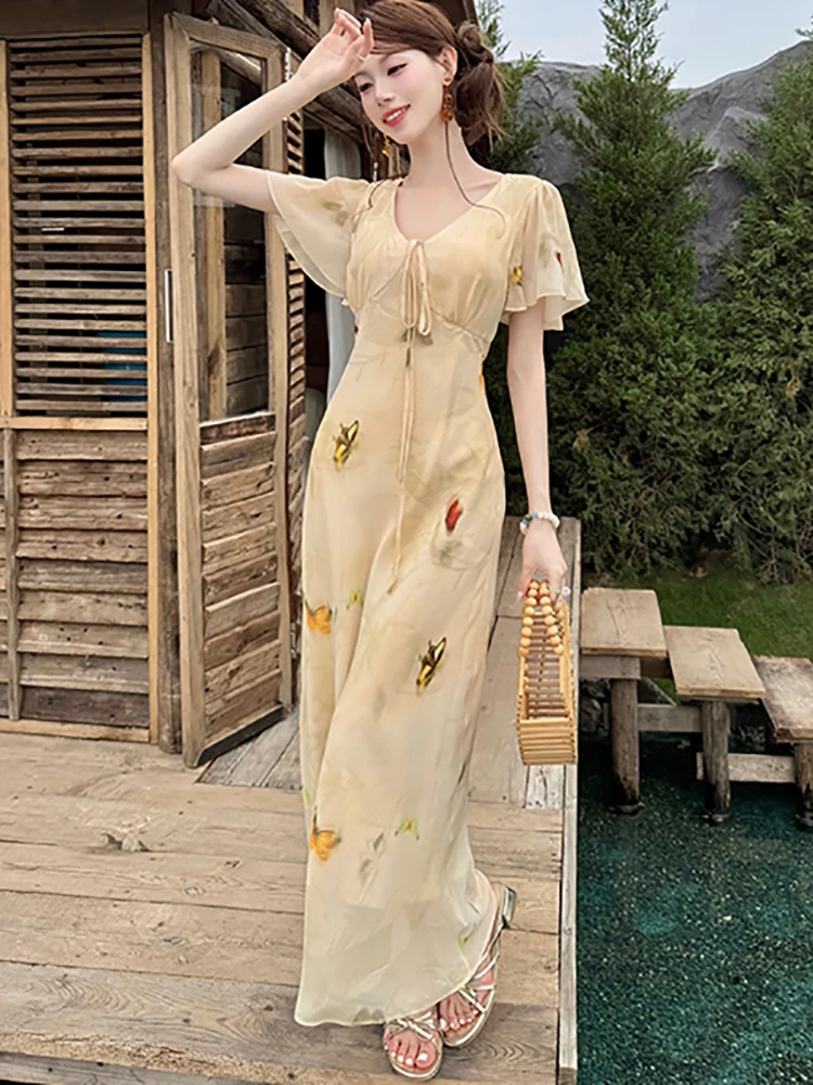 الصيف بوهو الشيفون طباعة Burfferfly فستان طويل غير رسمي المرأة شيك القوس الخامس الرقبة فستان مناسبات 2025 الكورية أنيقة Bodycon Vestidos