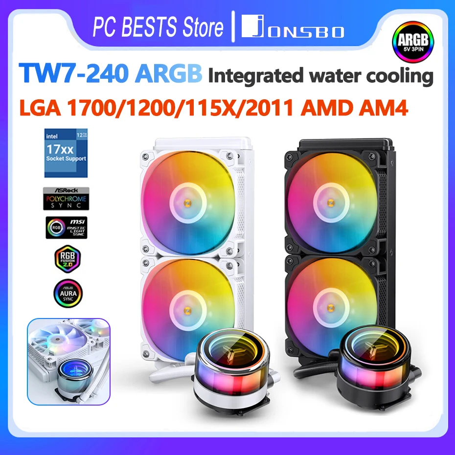 Jonsbo TW7-240 ARGB Integral Water-cooled CPU Cooler Computer 120mm Fan Integrated Radiator Intel LGA1700 115X 1200 2011 AMD AM4