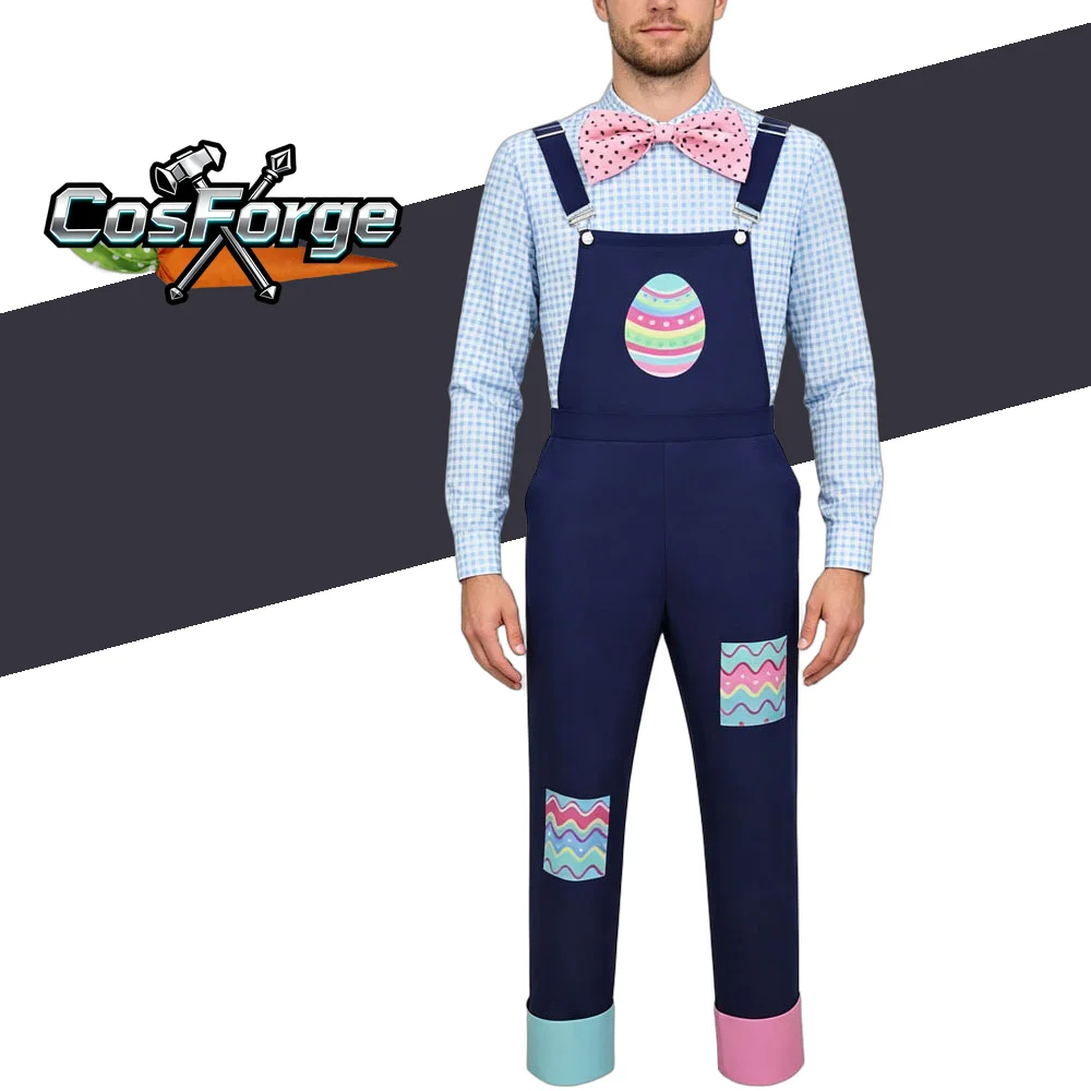 

Easter Bunny Head Cosplay Costume Set - Patched Overalls Blue Checkered Top Halloween Carnival Party Clothing