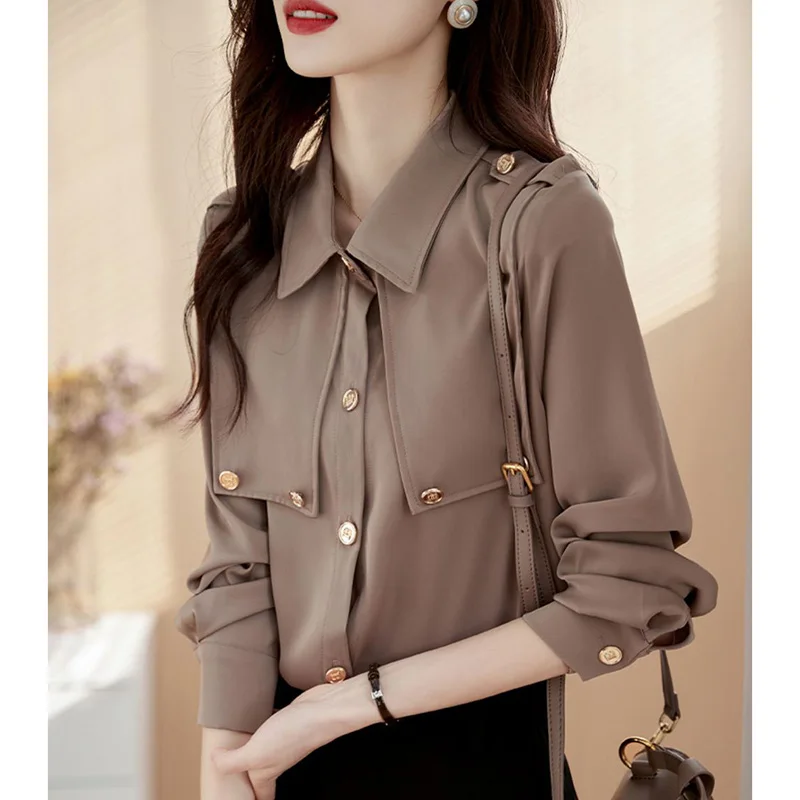 Fashion Lapel Button Solid Color All-match Shirt Female Clothing 2023 Autumn New Casual Tops Loose Office Lady Blouse