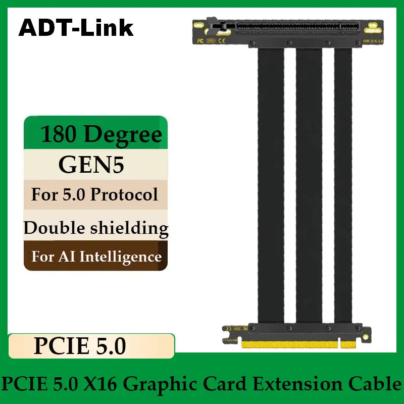 ADT-Link PCI-E 5.0 16X Riser Cable 90 Degree 180 Degree PCI Express 5.0 Graphics Card Extension Cable Gen5 For ATX GPU Adapter