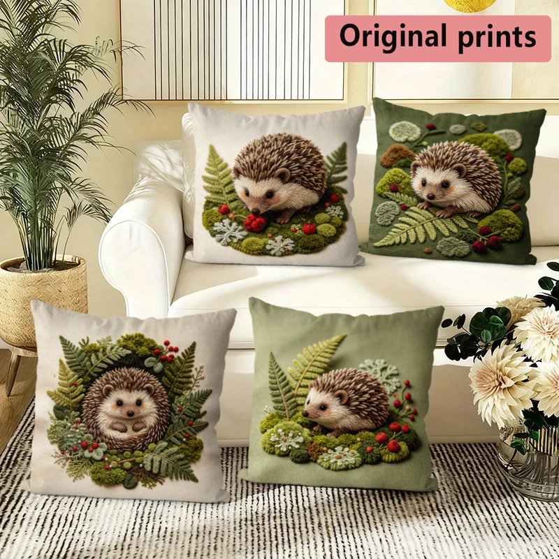 Cute Hedgehog Forest Pattern Cushion Cover Suitable for Sofa Bedroom Car Pillow Cover