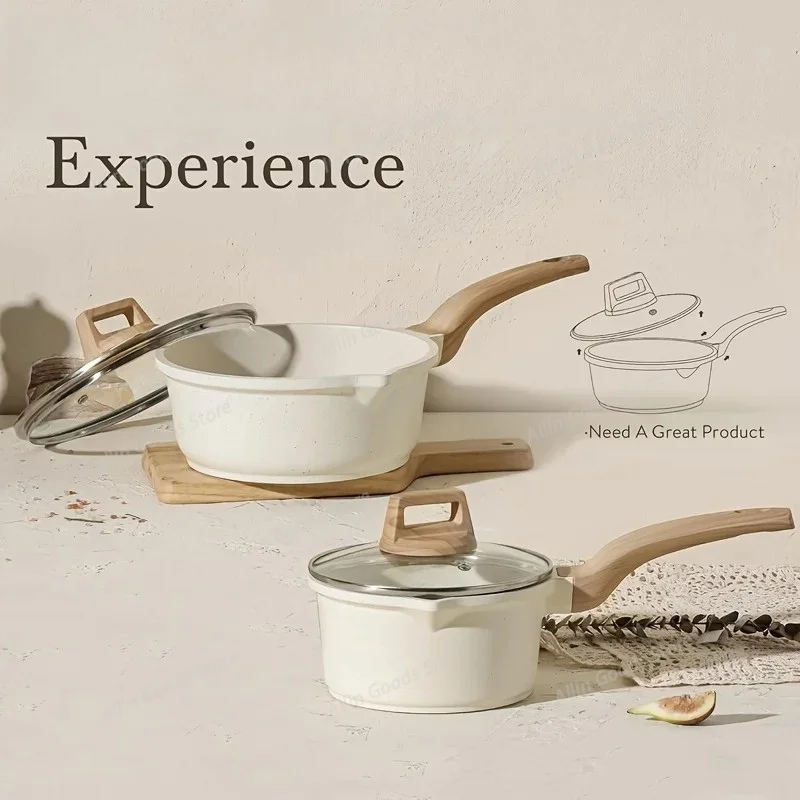 Non-Stick Saucepan Set with Lid - Induction Compatible Pour Spout Light Beige with Wooden Handles Ideal for Kitchen Cooking