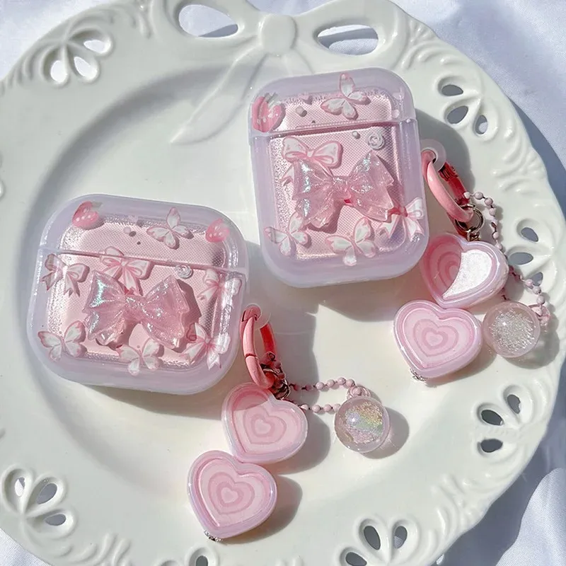 

Pink Crystal Butterfly Case For AirPods 4 2 3 1 Pro 2 EarBuds Earphone Funda Keyring For AirPod 4 Pro2 Headset Bags Accessories