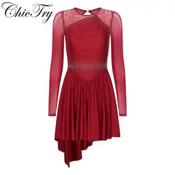 Womens Figure Skating Dress Ballet Gymnastics Cutout Back Sheer Mesh Long Sleeve Lyrical Dance Dress Stage Performance Costumes