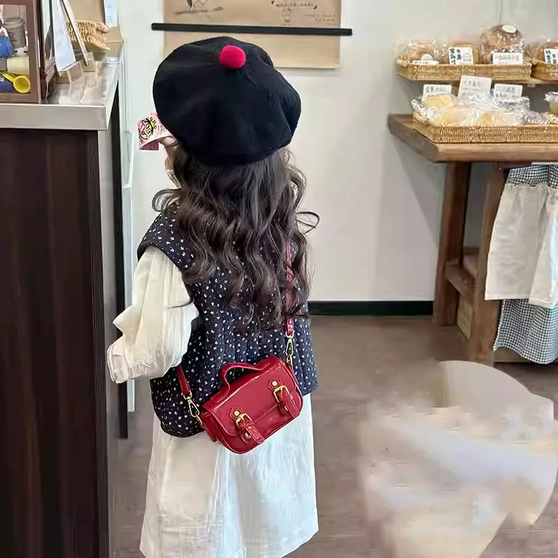 Vintage Red PU Girl's Handbags New Versatile Coin Ornament Children's Crossbody Bags Fashion Niche Mini Small Square Bags