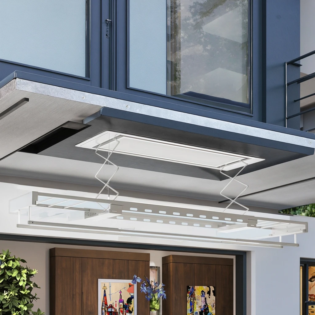 

Electric LED Drying Rack Foldable Aluminum Ceiling Type with Hidden Drying Pole & Remote Control for Home Use