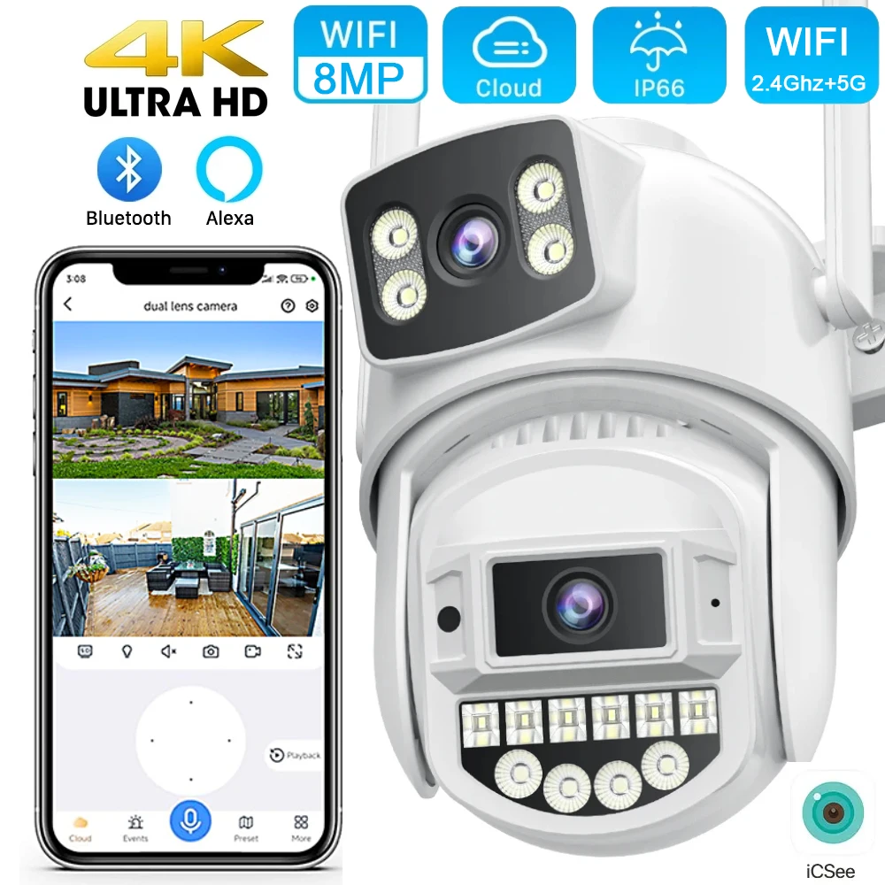 

5GHz WiFi Surveillance Camera 4K 8MP Dual Lens AI Human Detection Outdoor Security PTZ IP Camera 4MP Two-Way Intercom CCTV Cam