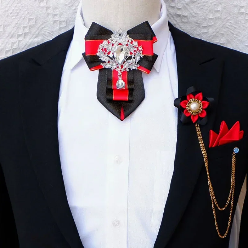 Original Bow Ties Brooch Set Luxury Rhinestone Handmade Jewelry Men's Business Banquet Wedding Suit Dress High-end Collar Flower