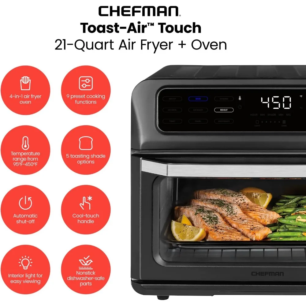 Chefman Toast-Air Touch Air Fryer Toaster Oven Combo, 4-In-1 Black Convection Oven Countertop, Cook a 10-In Pizza