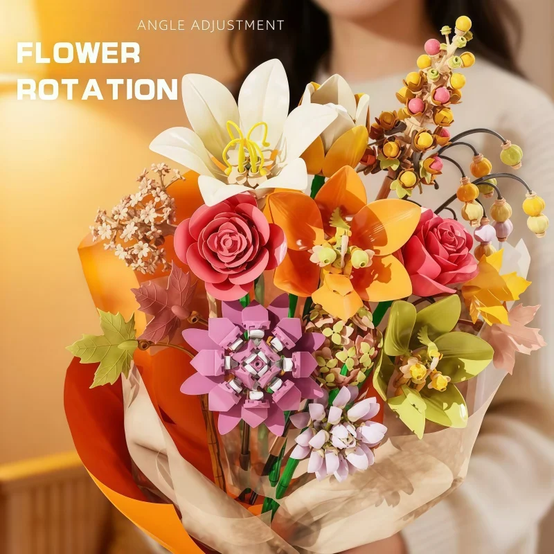 Buquê de Flores Eternas em Blocos de Montar, Conjunto de Blocos de Montar DIY de Rosas e Lírios com 813 Peças, Brinquedo Criativo STEM para Crianças a Partir dos 8 Anos