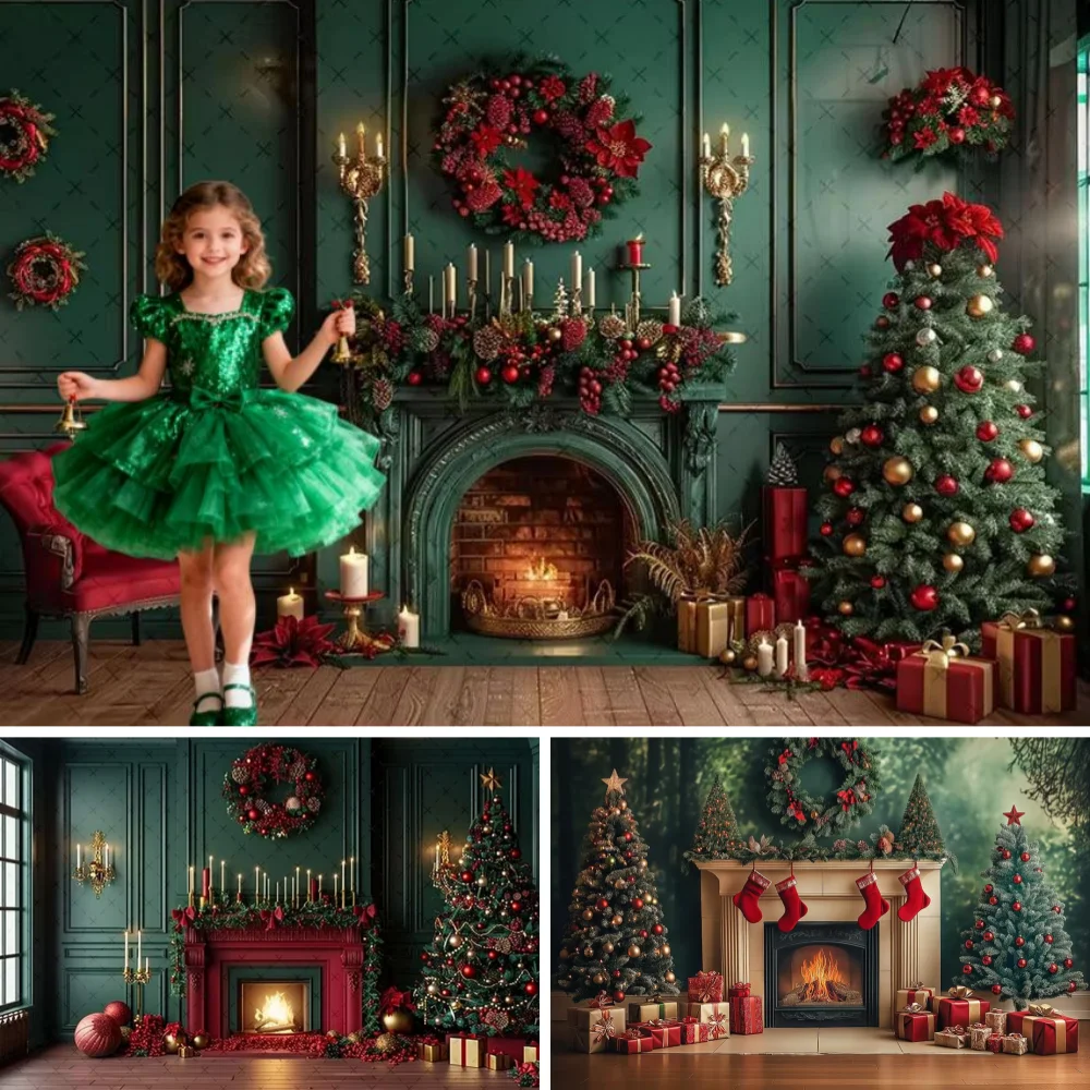 

Green Christmas Fireplace Gifts Photography Background Xmas Tree Children Family Portrait Decor Backdrop Photo Studio Supplies