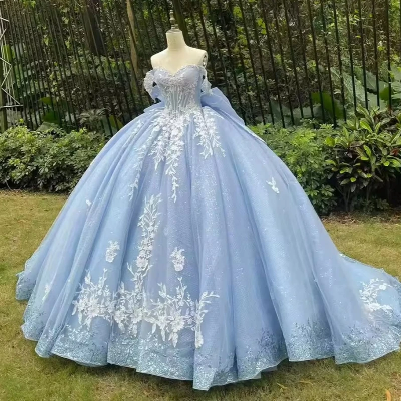 

Sky Blue Shiny Quinceanera Dresses Ball Gown Off The Shoulder Applique Lace Beading Crystal Bow Tull Corset Party Birthday