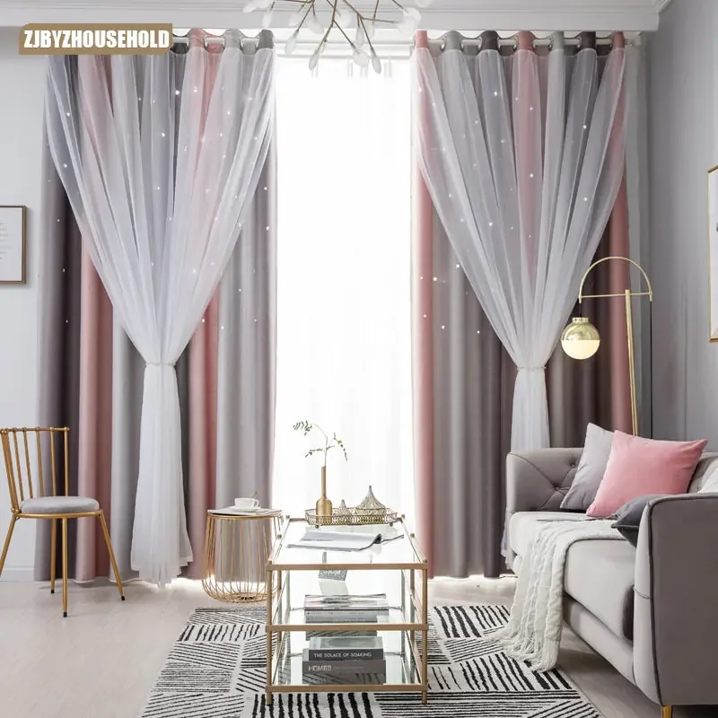 New Curtains for Living Dining Room Bedroom Girl Children's Room Star Gradient Hollow Out Blackout and Double Layer Tulle