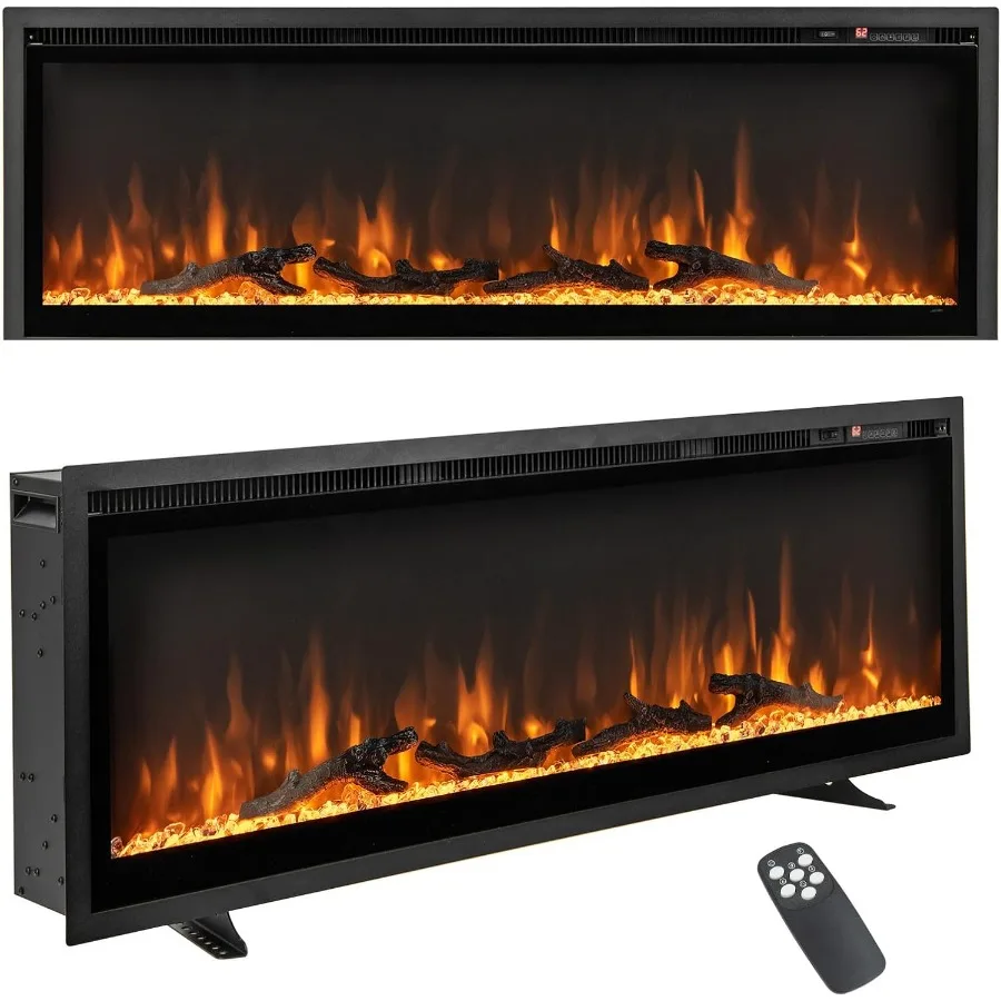 

50 Electric Fireplace Recessed Wall-Mounted - Freestanding Fireplace Heater with Adjustable Log Flame 8H Timer Remote Control 7