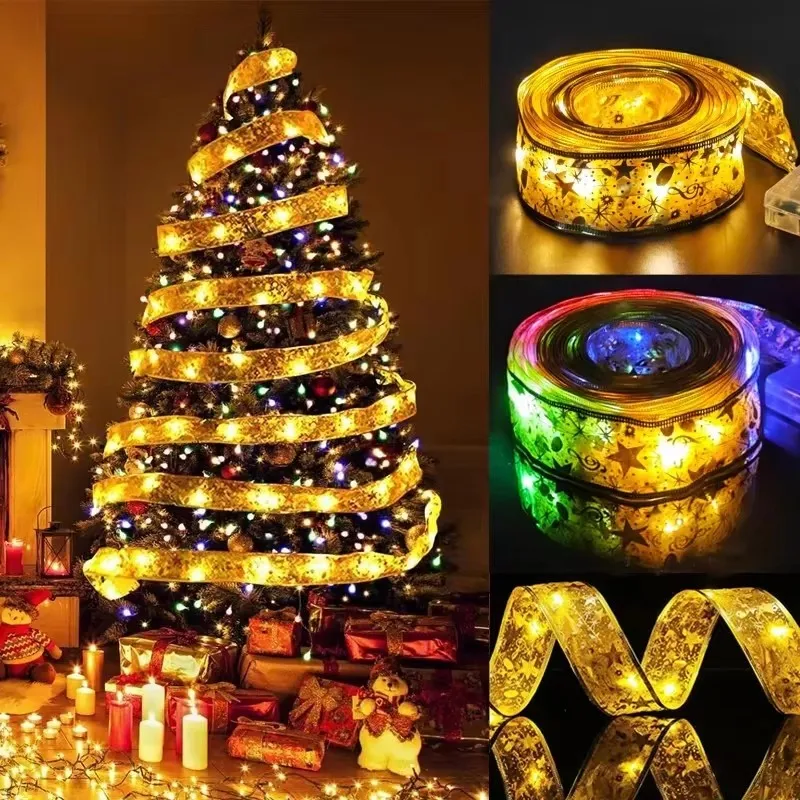 Christmas Ribbon Fairy Lights Christmas Decoration DIY Bows String Light Tree Ornaments For Home Decor New Year Navidad Lamp