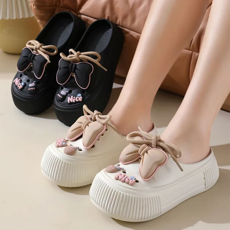 2025 New Slippers DIY Bow Platform Sandals for Women Summer Thick Sole Beach Slides Woman Flowers Non Slip Clogs Garden Shoes