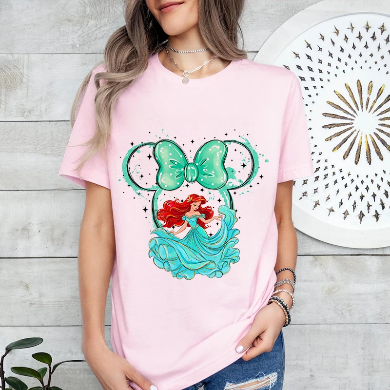 Disney Little Mermaid Printed Women's T-Shirt Pure Cotton Short Sleeve Loose Top Casual Women's Clothing