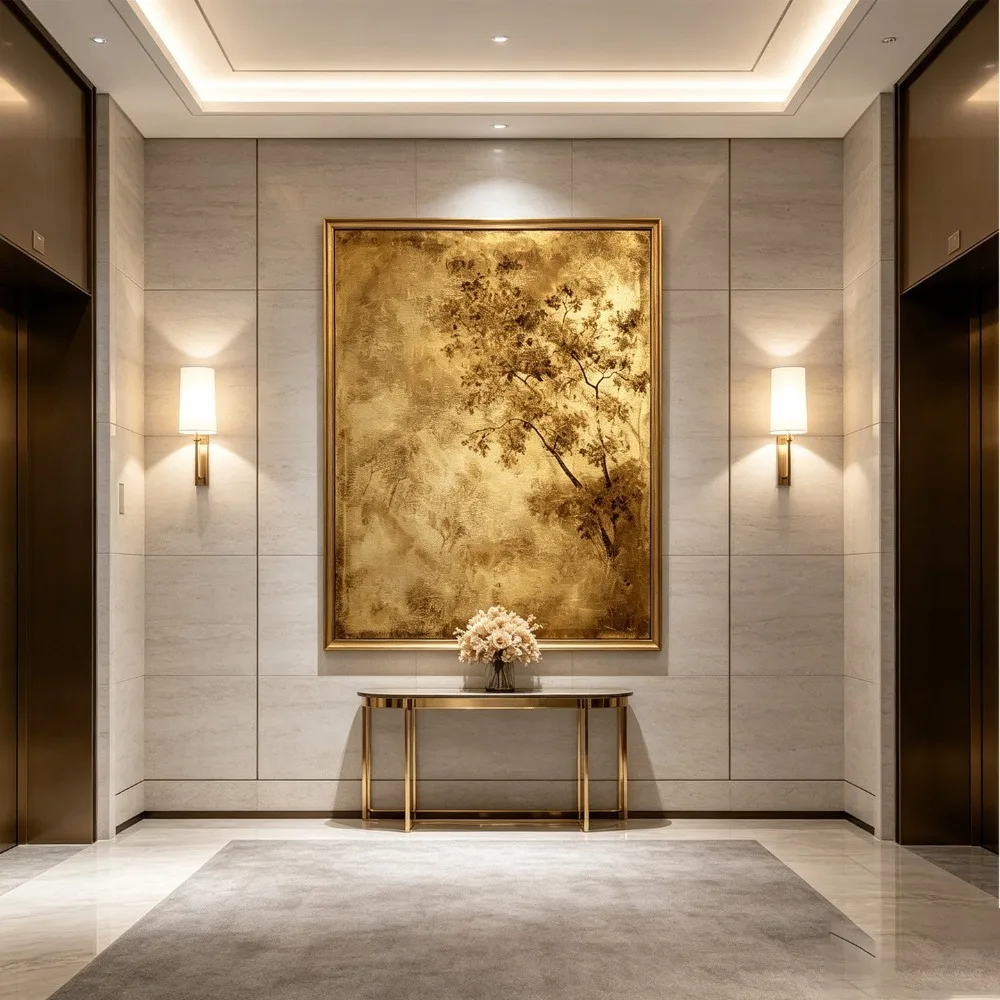 Luxury New Chinese Style Wall Art Gold Leaf Texture Abstract Painting Modern Zen Decor for Hotel Lobby & Living Room Framed
