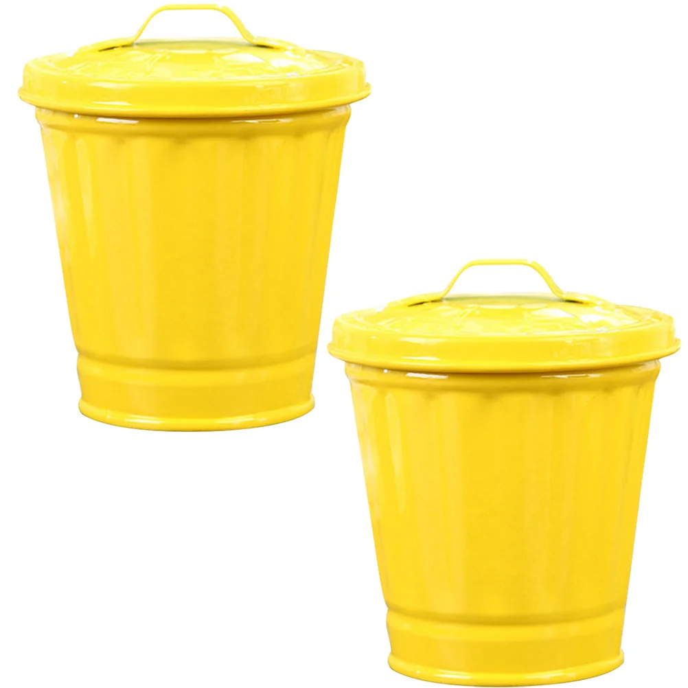 2 Pcs Mini Trash Can Wastebasket Small Pots Bin Galvanized Planter Nursery with Lid Flower for Indoor Plants Car