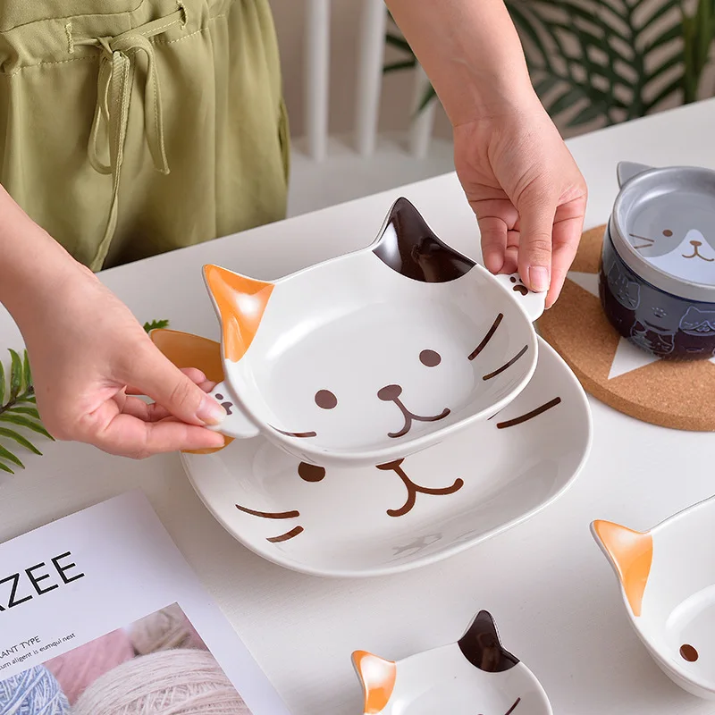 Japanese Cartoon Cat Plate Cute Children Binaural Dinner Platter Breakfast Fruit Salad Ceramic Dish Dessert Snack Tray