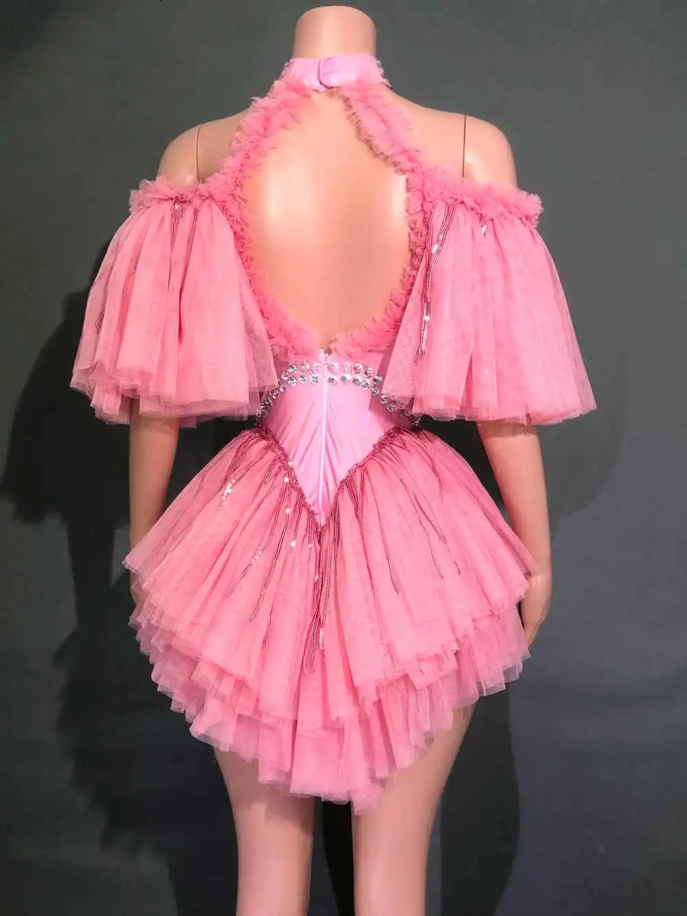 Sexy Off-The-Shoulder Sheer Pink Bodysuit Rhinestones Evening Party Dress Performance Dance Costume Nightclub Dancer Stage Wear