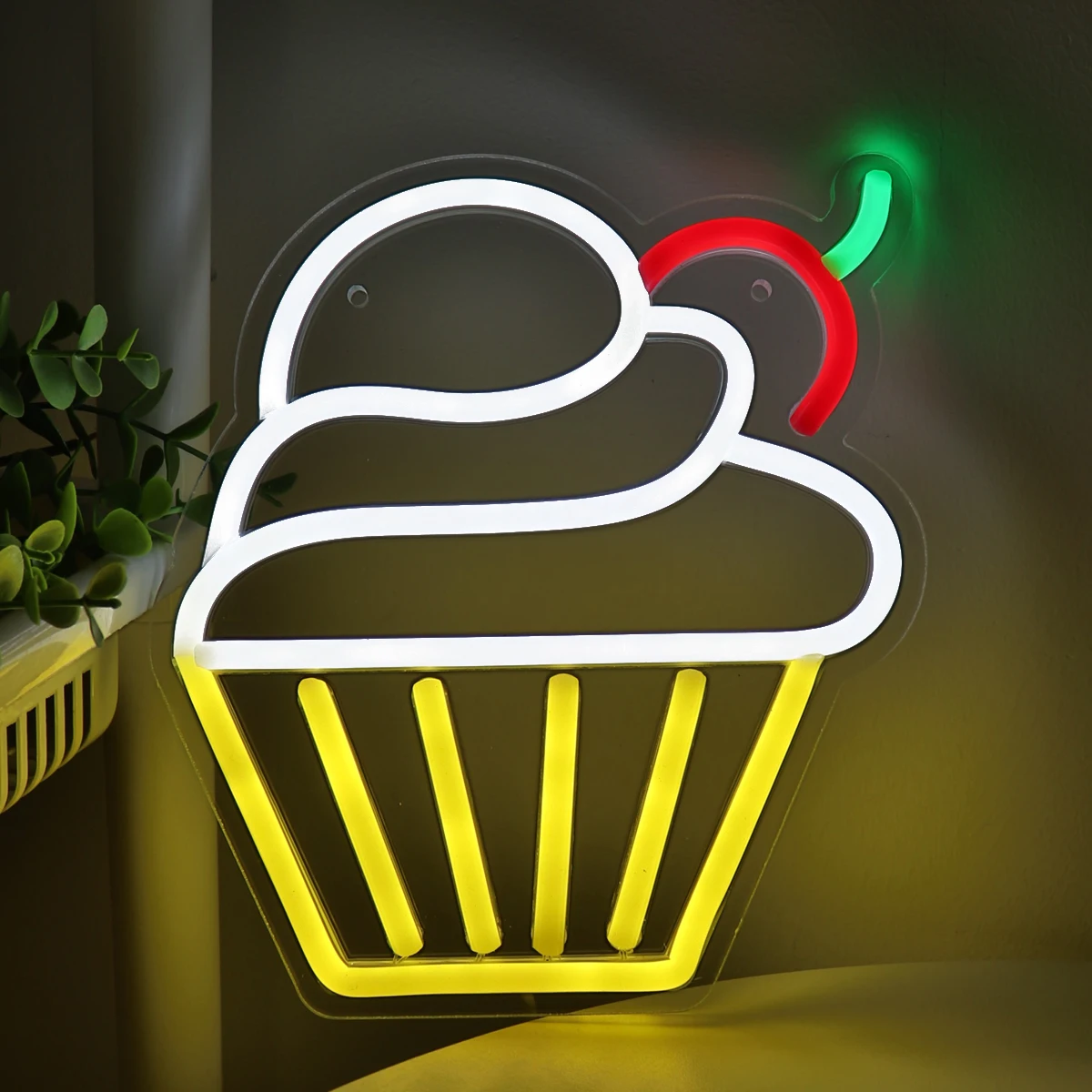 LED Wall Neon Sign for Party Decoration, Ice Cream with Cherry Cup, Bolo, Muffin, Pub, Clube, Bar, Loja, Aniversário, Quarto, 7.44 "x 8.27", 1PC