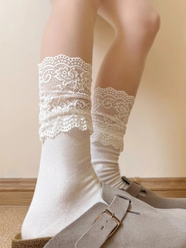 

Милые длинные носки с кружевными краями для женщин JK Ballet Style Calf Sock JK Lolita Cute Solid Color White Sock Корейский стиль Mid Tube Socks