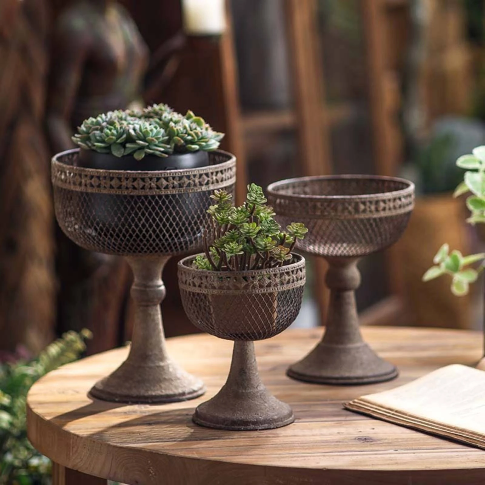 Metal Planter with Pedestal Rustic Goblet Planter Flower Pot Farmhouse Compact for Tabletop, Entryway