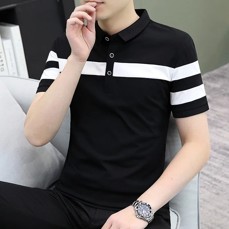 Summer Men's Lapel Short sleeve T-shirt Fashion Business Casual Slim Fit Half Sleeve Striped Polo Shirt
