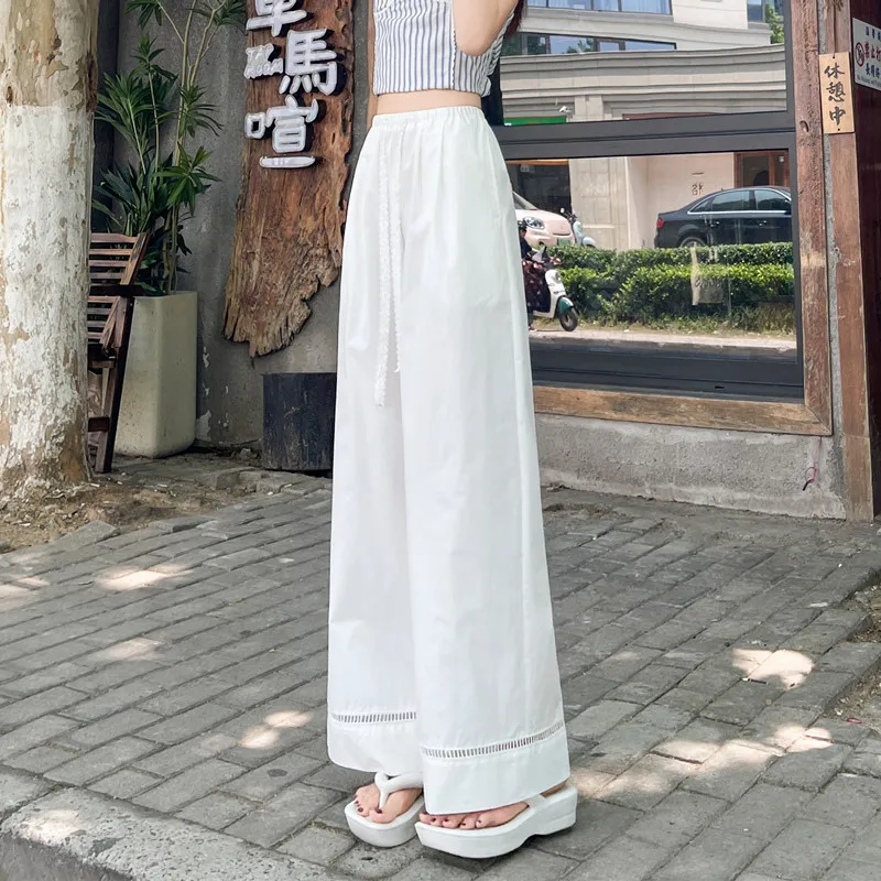 ฤดูร้อนสบายๆหลวมผ้าฝ้าย Hollow OUT กางเกงขากว้างผู้หญิง Harajuk เกาหลีแฟชั่นลูกไม้ Drawstring ข้อเท้าความยาวกางเกง