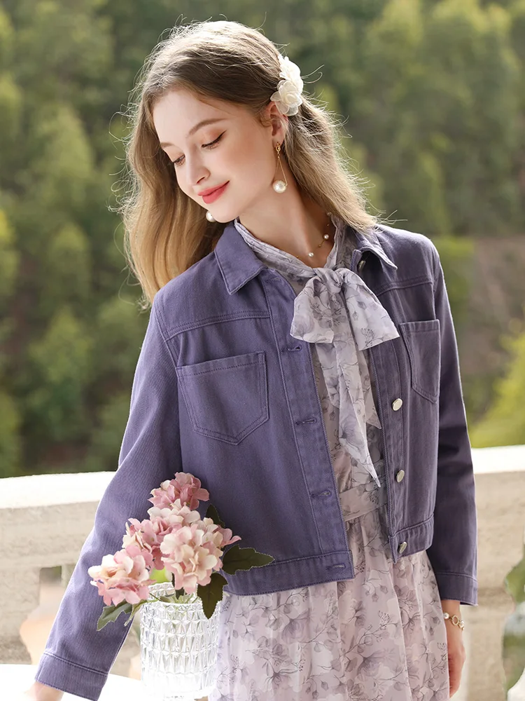 I BELIEVE YOU Denim Short Coat for Women 2023 Purple French Small Fragrance Autumn New Unique Gentle Loose Jackets 2233185245