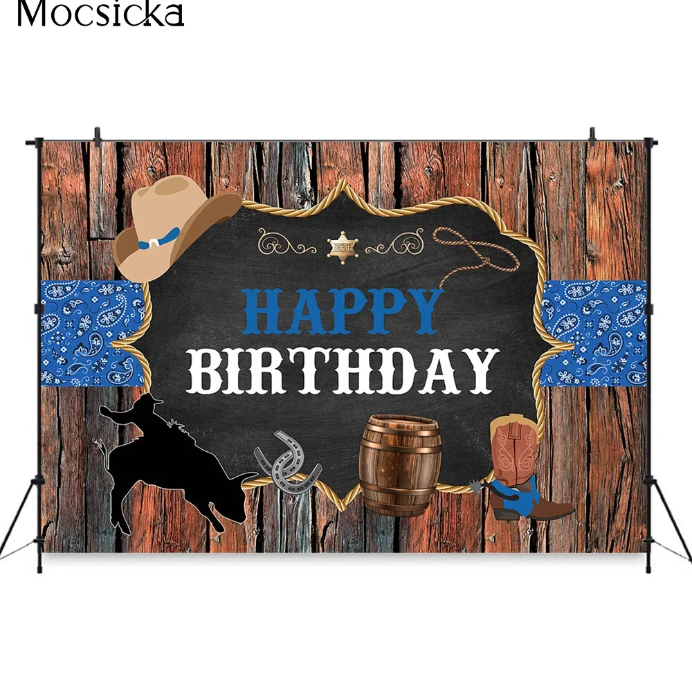 Mocsicka Birthday Backdrop Cowboy Boy Country West Party Wooden Background Baby Rodeo Decoration Photobooth Prop Newborn Photo