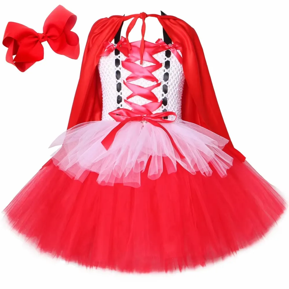 Cute Red Princess Sweet Hood Mesh Tutu Dress With Cape Bow For Girls Holiday Party Stage Performance Fairytale Role Play Outfit
