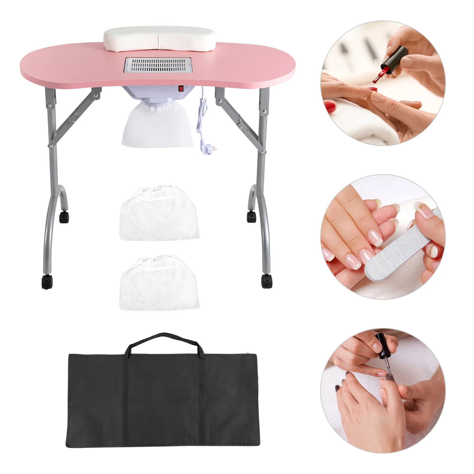 Foldable Nail Table W/ Wheels Multifunctional Portable Manicure Table with MDF Table Top for Households Nail Salons