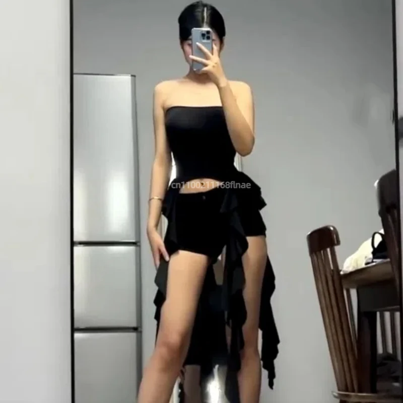 Street Dance Outfit, Sexy and Spicy Women's Clothing, Summer Ruffled Edge One Shoulder Wrapped Chest Street Casual Top