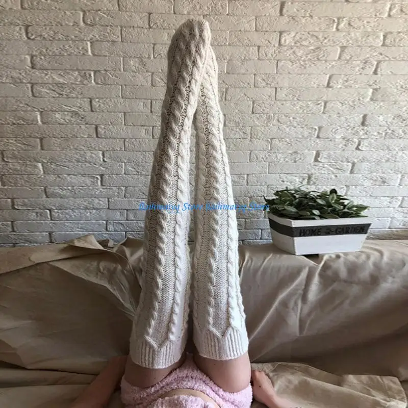 

573B Women Autumn Winter Cable Knitted Over Knee Winter Boot Socks Solid Color White Long Thigh High Leg Warmer Stockings