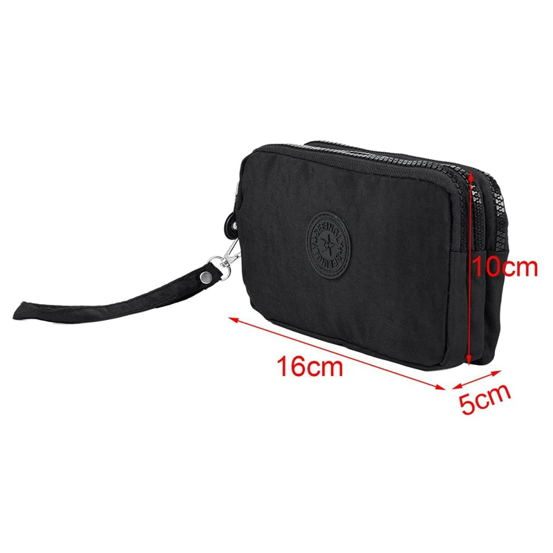 2X Women Small Wallet Washer Wrinkle Fabric Phone Purse Three Zippers Portable Make Up Bag Black