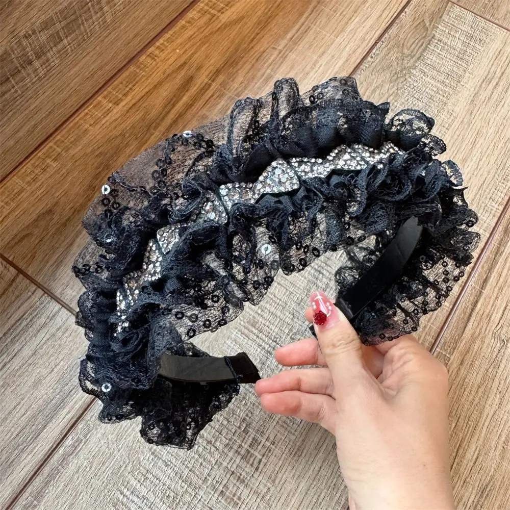 

Female Ladies Bow Rhinestones Exquisite Hairbands with Teeth Anti Slip Women Hair Clip Black Lace Mesh Headband Hair Accessories