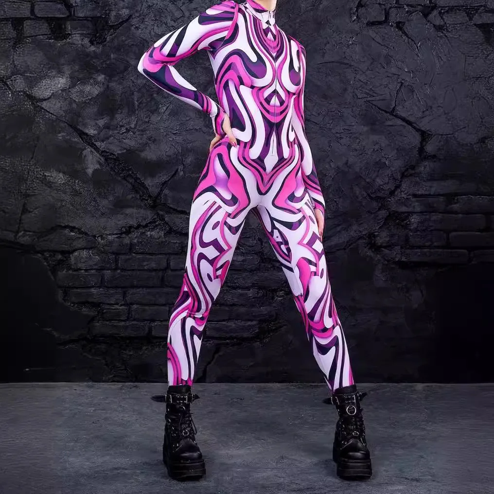 

Colorful 3D Printing Women Holiday Party Cyber Punk Rainbow Jumpsuit Onesie Halloween Cosplay Costume Elastic Bodysuit Romper