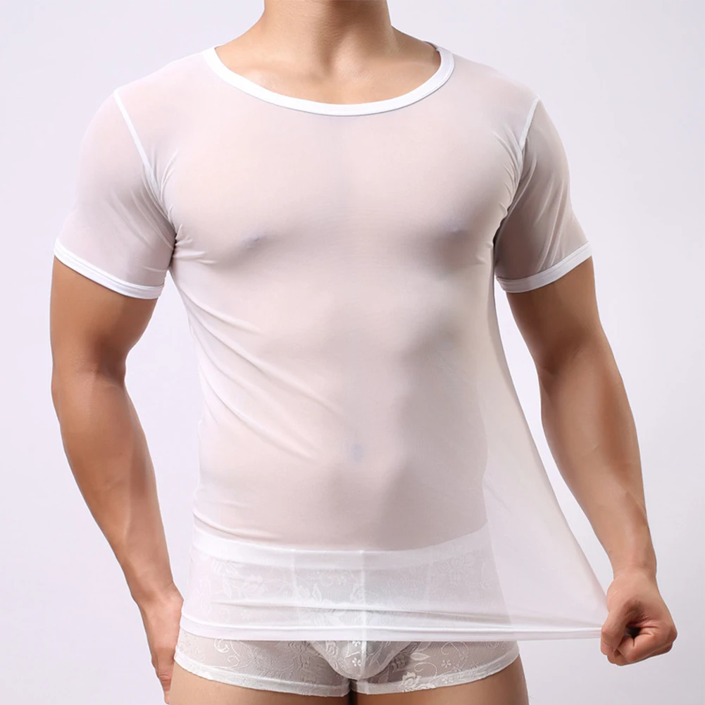 Sexy Men See Through Mesh Tops Male Summer Ultra Thin Short Sleeve T-Shirt Fishnet Muscle Tee Shirts Transparent Night Club Wear